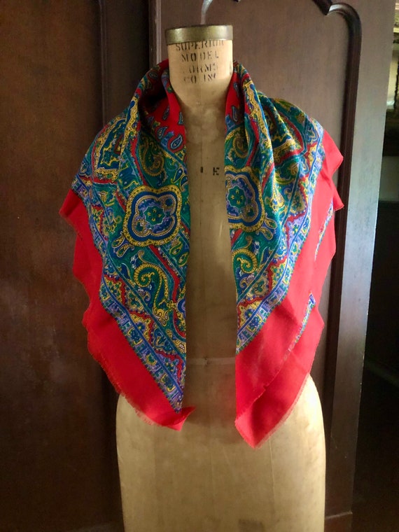 Vintage Challis Paisley Scarf Shawl, Vibrant Colo… - image 9