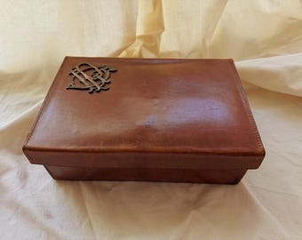 Antique French Leather Box, Monogrammed Leather, Gentleman or Lady Dressing Case, Love Letter Box, Boudoir Storage