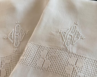 Pair Antique Métis Pillow Shams, Triple Monogram, Shamrock Filet Lace, French Trousseau Linens