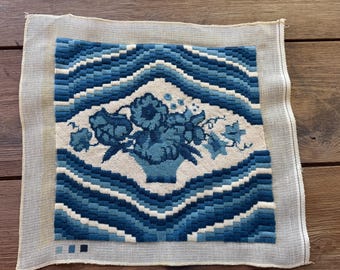 Vintage Blue Floral Needlepoint Panel 1970s Hand Stitched Wool Basket Design Canvas