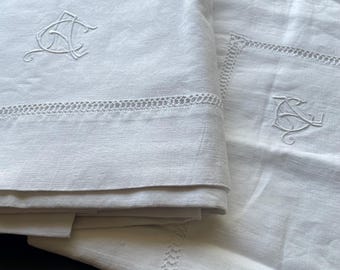 Antique European Linen Sheet and Sham Embroidered AC Monogram Reticella Drawn Thread Needle Lace