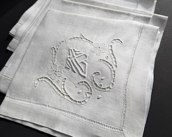 Antique French Linen Dinner Napkins, Richelieu Cutwork MB Monogram Set