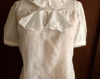 Edwardian Handmade Linen Blouse | Antique Pintucked Lace Jabot Shirt | Hand Sewn Bobbin Lace Collar | Early 1900s Size 34