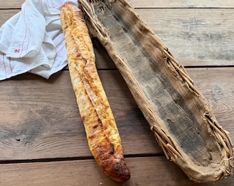 Antique French Baguette Proofing Basket, Willow Banneton with Linen Liner, Rustic Bakery Bread Form