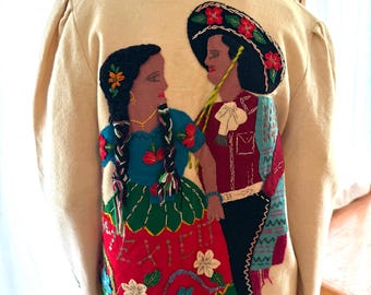 Veste d'art populaire en feutre de laine des années 1940, couple dansant brodé, souvenir du Mexique à sequins