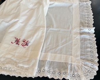 Antique Swiss Monogrammed Sheet ML, White Cotton Eyelet Lace Bedding, European Trousseau Textile