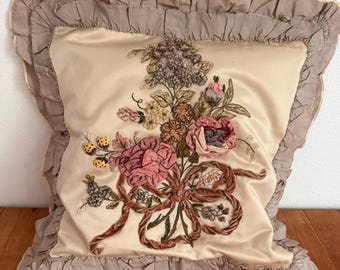 Antique Victorian Silk Ribbon Work Pillow, Museum Quality Ribbon Embroidery, Dimensional Floral Bouquet, 19th Century Decorative Art