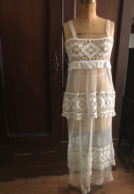 Antique Lace Sheer Overdress, Tulle and Lace Dress