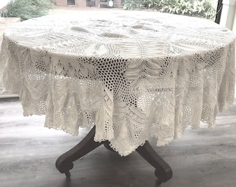 Antique Hand Crocheted Tablecloth, Dimensional Leaf Design, Ruffled Flounce, Large Table Cover