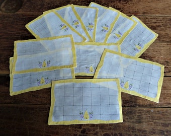 11 Vintage Madeira Style Cocktail Napkin Set, Linen Drawnwork , Appliqué Pear & Grapes, Yellow Appliqué, Mid Century Cocktail Party