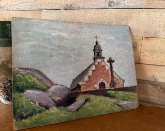 Albert Arnaud Breton Chapel, Camaret Sur Mer, French Oil on Panel, Brittany Coastal Landscape