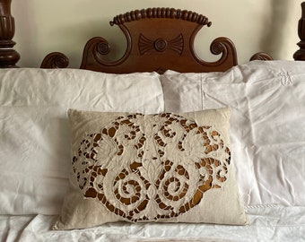 Antique Needle Lace Dragon Pillow, Heraldic Mythical Creatures, Homespun Linen Cushion, Victorian Renaissance Revival