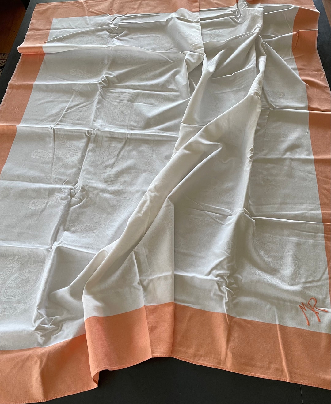 Peachy Damask Tablecloth MR Monogram. Vintage European Cotton Etsy