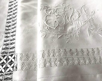 Antique Linen Sheet EWM Monogram, Drawn Thread Lace, Embroidered Wedding Heirloom 88x108