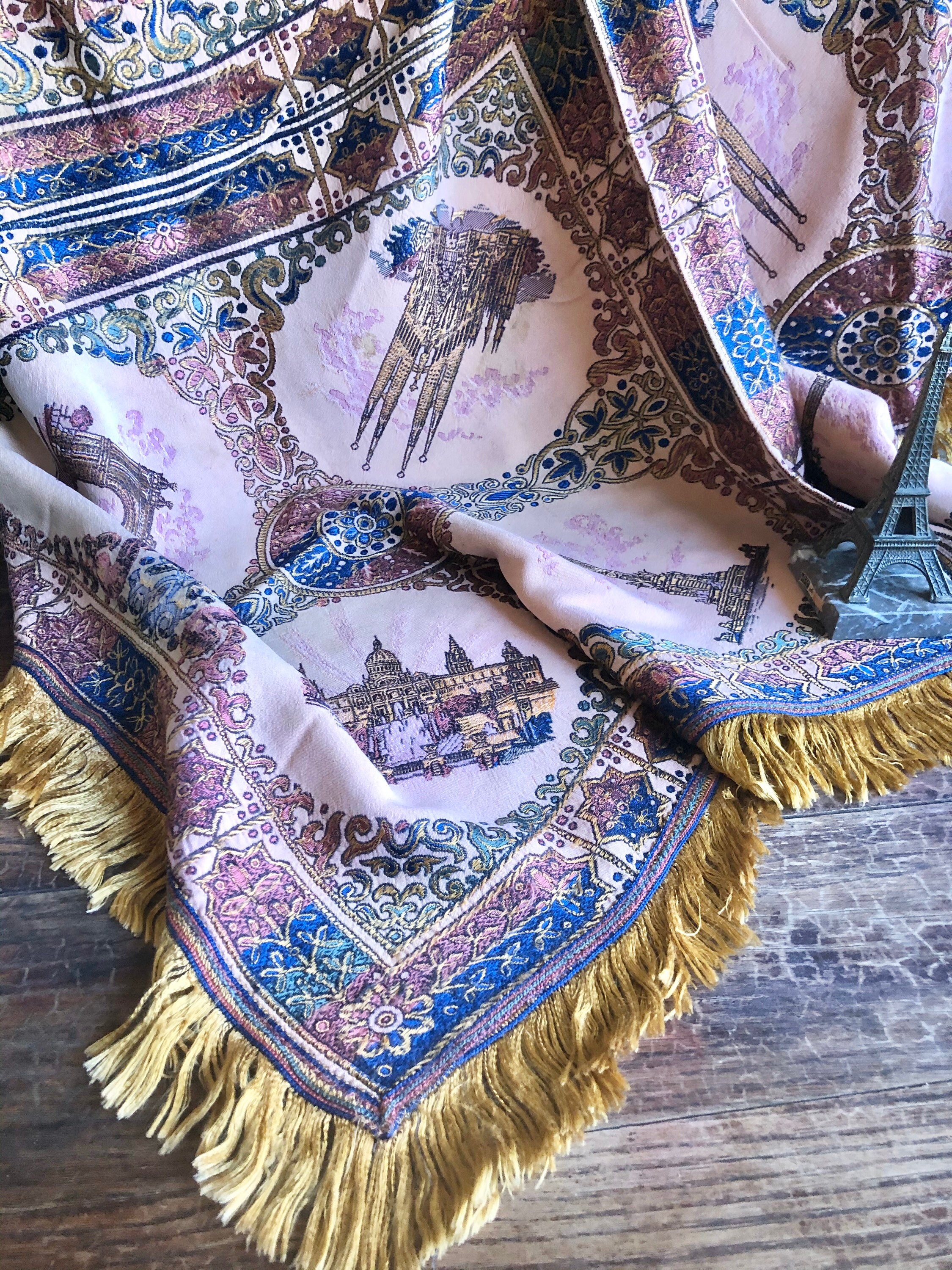 Vintage Paris Monuments Jacquard Throw, French Tapestry with Gold Fringe