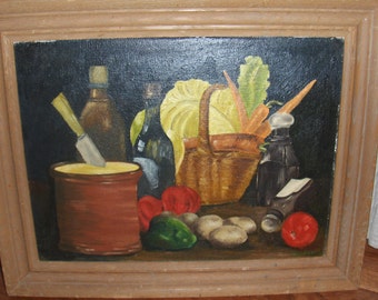 Vintage Folk Art Oil Painting, Farmhouse Kitchen Still Life, Garden Vegetables and Butter Crock, Signed Original Oil, Cottage Country Decor