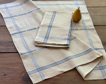 Vintage French Kitchen Blue CUISINE Towels Pair, Unused Rustic European Country Linen Toweling