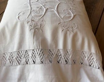 Antique French Monogram Pillow Sham, BE Embroidered Linen Bolster Cover, Handmade Lace Insertion, Long Boudoir Pillow Cover