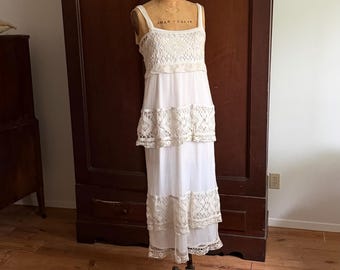 Edwardian Bobbinet Lace Tiered Dress, Antique Crochet Lingerie Tea Gown