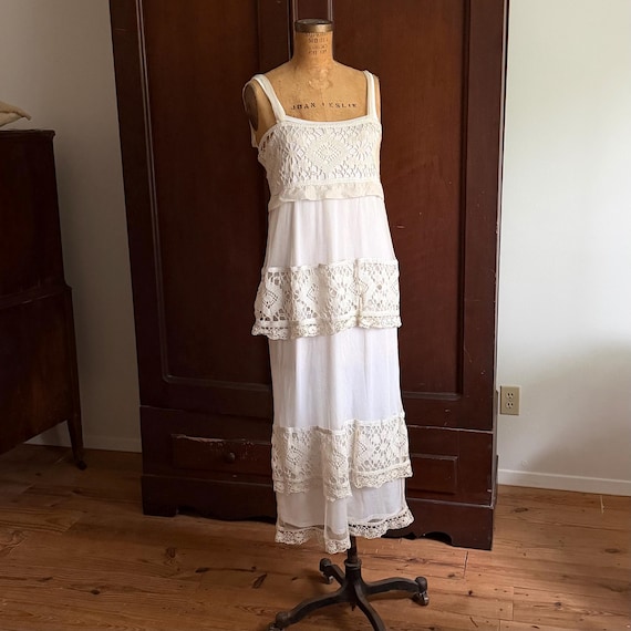 Edwardian Bobbinet Lace Tiered Dress, Antique Crochet Lingerie Tea Gown