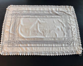 Antique Swiss Linen Show Pillow Cover, Monogrammed Drawn Thread Work, European Bridal Bed Linen