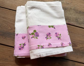 Vintage Twin Sheet Set Pink Violet Border Diaper Weave Cotton European Farmhouse