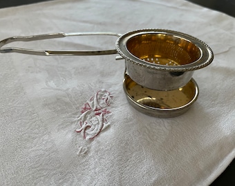 Silver Plate Tea Strainer, Gold Wash Star Pattern Bowl, Drip Plate