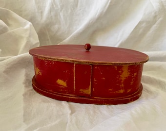 Antique Scandinavian Bentwood Box, Original Worn Red Paint, Oval Lidded Pantry Sewing Box, Folk Art Storage