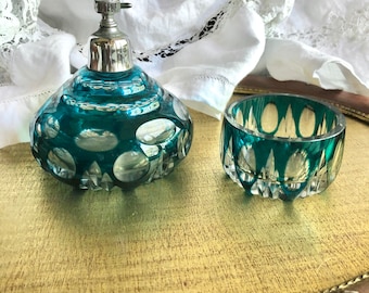 Bohemian Turquoise Cut Glass Perfume Atomizer and Powder Dish Set, Art Deco Vanity Czechoslovakia