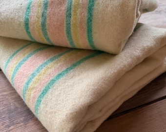 Vintage Swiss Wool Blanket Pair: Striped Turquoise, Pink, Yellow, Cream Throws