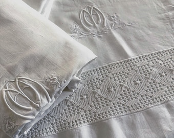 European Trousseau Linen Sheet Pair, AM Monogram, Art Nouveau Whitework, Crochet Insertion
