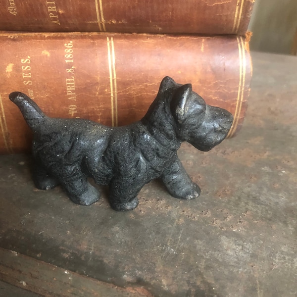 Vintage Metal Scottie Dog Figurine Paperweight Black Red Collar