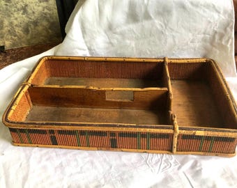 Victorian Bamboo & Reed Organizer Basket, English Tartan Work Basket, Cutlery Tray, Sewing Basket, Desktop Organizer