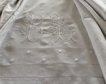 Antique Linen Sheet, Huge BE Monogram, Shamrock Whitework, Raised Plumetis Dots, French Trousseau Linen