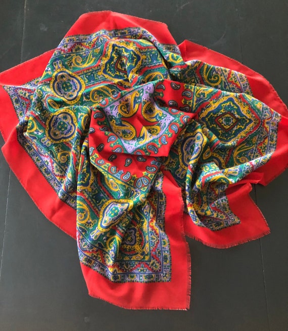 Vintage Challis Paisley Scarf Shawl, Vibrant Colo… - image 1