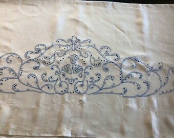 Antique Italian Linen Sheet Punto Ombra Shadow Work Blue Embroidery Queen King 95x104
