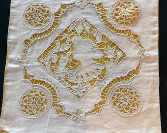 Victorian Royal Society Silk Pillow Cover, Figural Lady Portrait Embroidery, Golden Silk