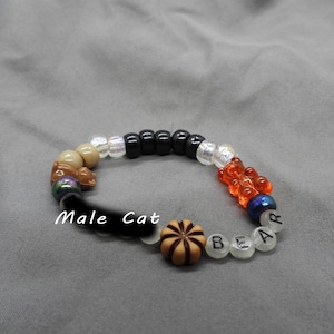 May include: A beaded bracelet with a variety of colorful beads. The bracelet features black, white, orange, and brown beads, with the word "BEAR" spelled out in white beads. A brown and tan pumpkin-shaped bead is also included.