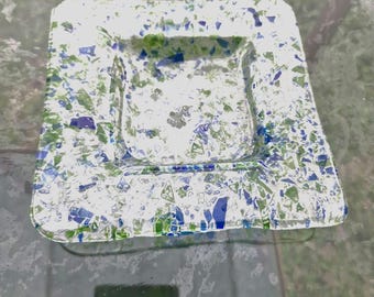 Vintage square plate in green and blue flaked art glass