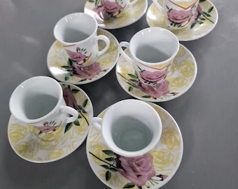 Vintage Innova Coffee Set – 6 Cups and Saucers – 1980s Pink and Yellow Floral Decor