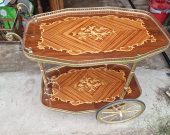 Vintage inlaid wood and brass serving trolley – 1950s/60s – Mid-century bar cart with bottle holder