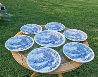 Vintage English Blue Transferware Plate Set – Wood & Sons Westmorland – 7 Piece Serving Plate Collection – Cottage Farmhouse Decor