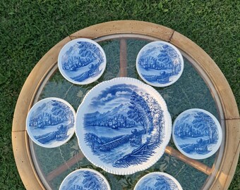 Wood & Sons Westmorland Vintage English Set – 7 Blue and White Plates – English Cottagecore Pottery – Decorative Plates Made in England