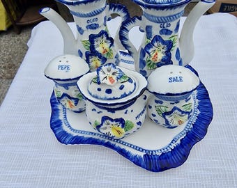 Vintage Hand-Painted Ceramic Oil, Vinegar, Salt, Pepper, and Chili Set with Tray