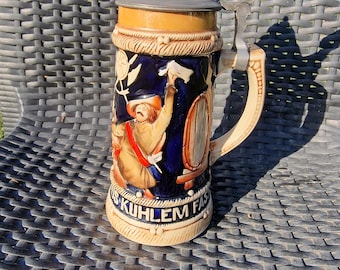 Vintage German beer mug with pewter lid – embossed decoration