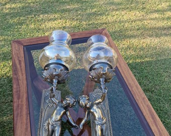 Pair of vintage cast bronze wall lamps with cherubs and glass – decorative wall lamps