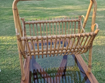 Vintage Bamboo and Rattan Magazine Rack – Double Compartment – Boho Newspaper Holder in Natural Materials