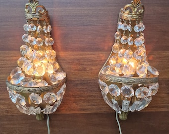 Jupiter's Beard, Empire Style - Pair of Vintage Brass Sconces with Faceted Crystals, Decorative Wall Lamps