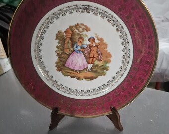 Vintage Heinrich & Co Bavaria decorative plate – romantic scene – red and gold border