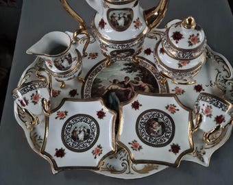Vintage Limoges Porcelain Coffee Service – Gilded Decorations and Romantic Scenes – Complete Set with Tray